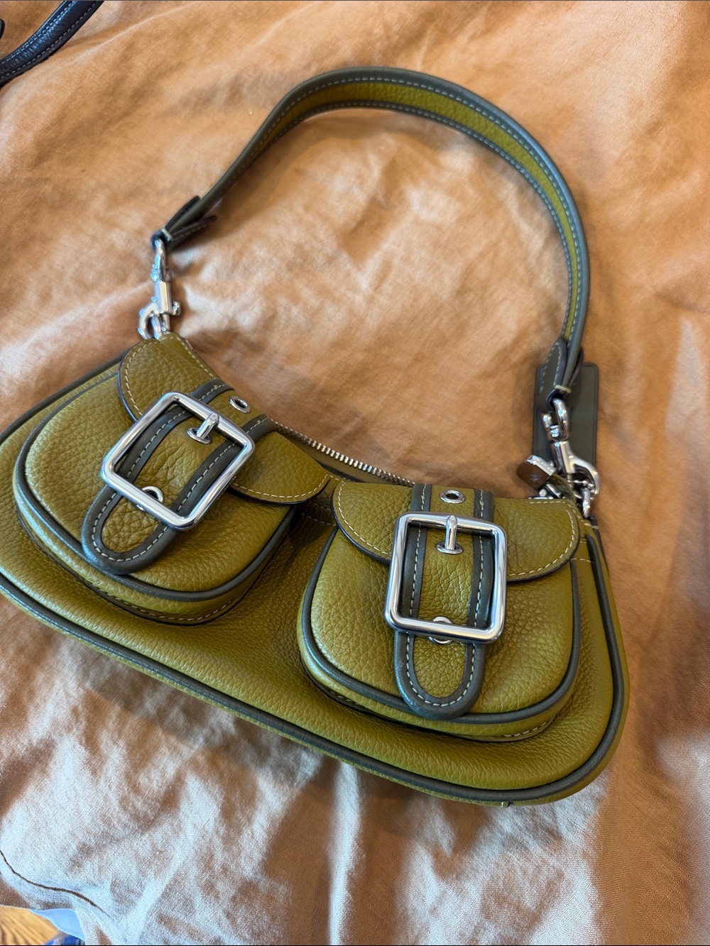 Olive Green COACH Leather Shoulder Bag with Buckle Accents